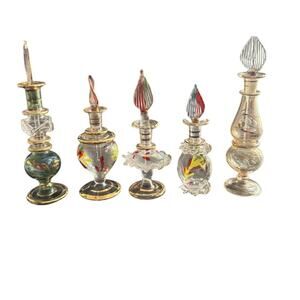 Lot Of 5 Egyptian Mouth Blown Perfume Fragrance Bottles Gold Painted Glass‎